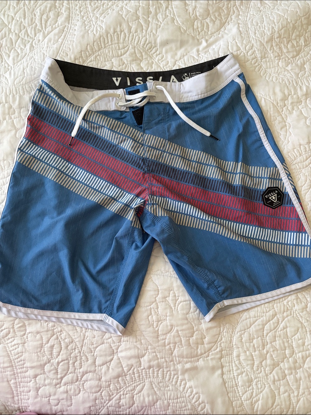 VISSLA Blue Swim Board Shorts with Red and Gray Stripes